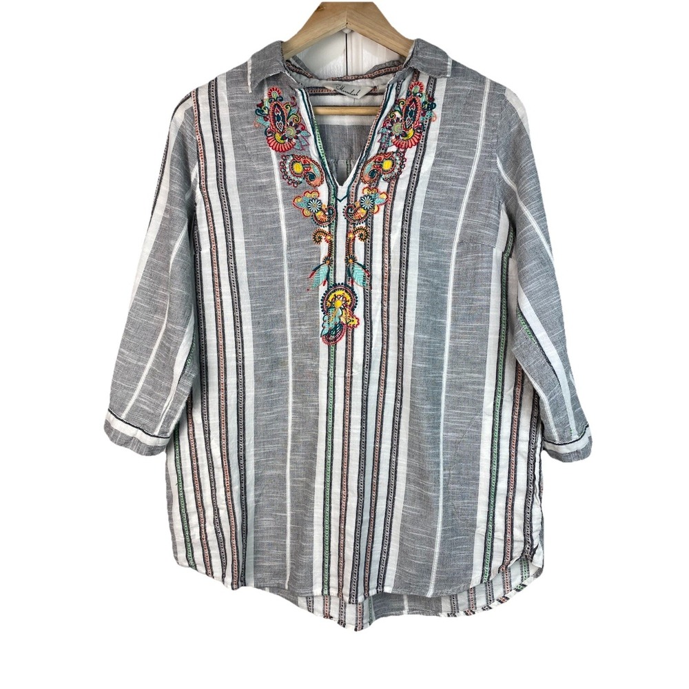Caffe Marrakesh Women's M White Gray Striped Colorful Embroidered Tunic Top